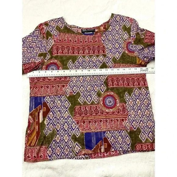 90's Black Island 2 PC Blouse Skirt Set Petite M Retro Pattern Elastic VTG - Picture 8 of 15